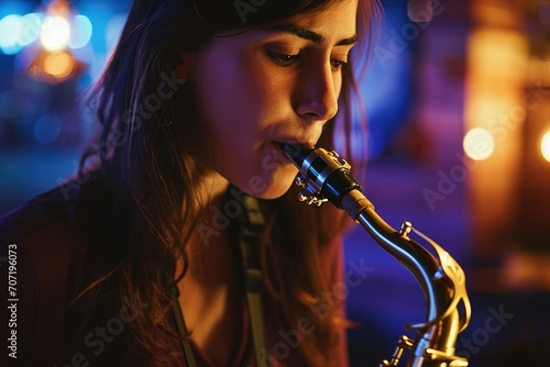 Talented female jazz musician playing the saxophone, in a jazz club with a moody and atmospheric setting.