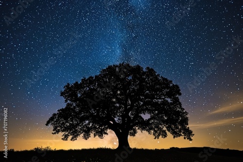 Solitary oak tree under a star-filled night sky © furyon