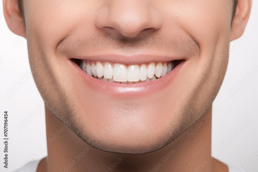 Close up of man's smile with white straight teeth Close up of man's smile with white straight teeth