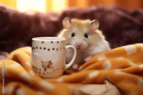 A hamster resting on a blanket alongside a cup. Generative AI photo