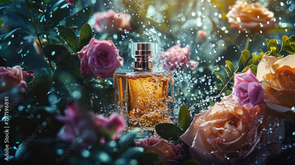 Luxury Fragrance Bottle with Water Splash and Vibrant Flowers, Cosmetic Product Photography