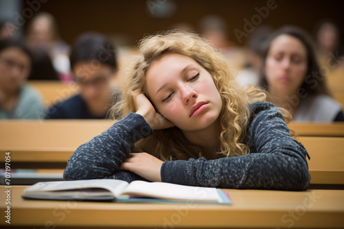 Overworked tired young female student falling asleep in university or college photo