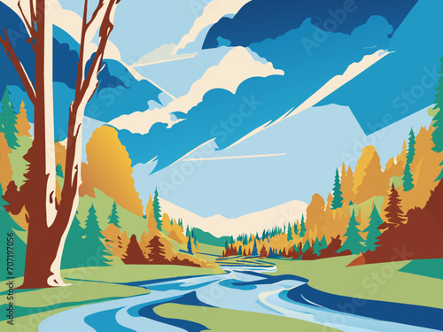 Fast flowing stream through forest of green aspens and rocky streamline