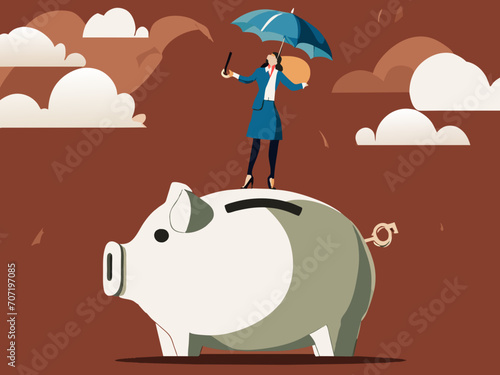 Woman standing on top of oversized piggy bank with umbrella in hand