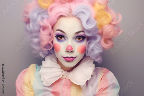 Pastel colored female clown. Woman dressed up in clown costume with curly hair and face paint