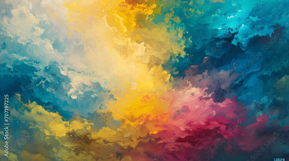 A vibrant, abstract masterpiece emerges as a cloud of colorful art paint dances across the canvas