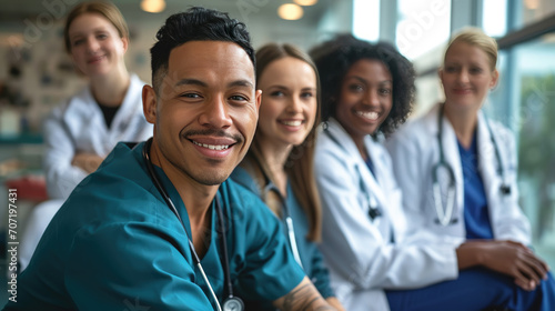 Diverse group of medical professionals, with a doctor in a white lab coat and stethoscope at the forefront, smiling at the camera.