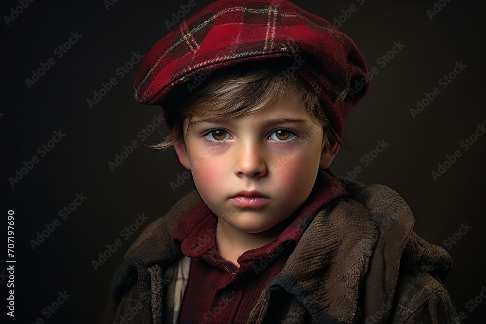 Portrait of a little boy in a cap and coat. Studio shot. Portrait of a little boy in a cap and coat. Studio shot.