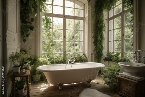 Chic bathroom with greenery and cozy ambiance. Beautiful window  white bathtub. Generative AI