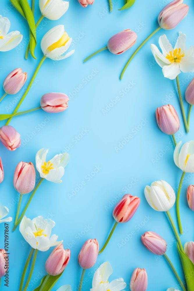 Spring tulip flowers on aqua background top view in flat lay style 