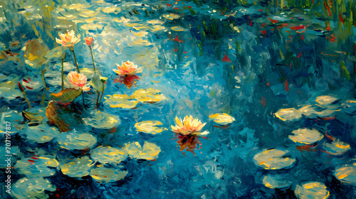 A vibrant painting of lily lilies floating in a tranquil pond surrounded by a flourishing reef, capturing the delicate beauty of nature through the art of aquatic plants