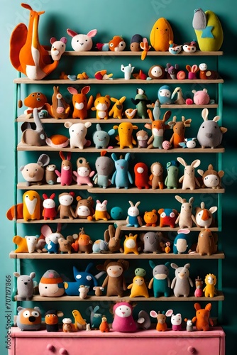 A vibrant collection of hand-sewn felt toys, including cute animals and whimsical characters, displayed on a colorful shelf.