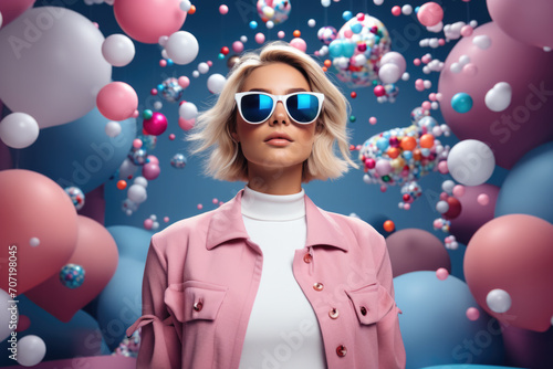 Fashionable Woman with Abstract Balloon Background