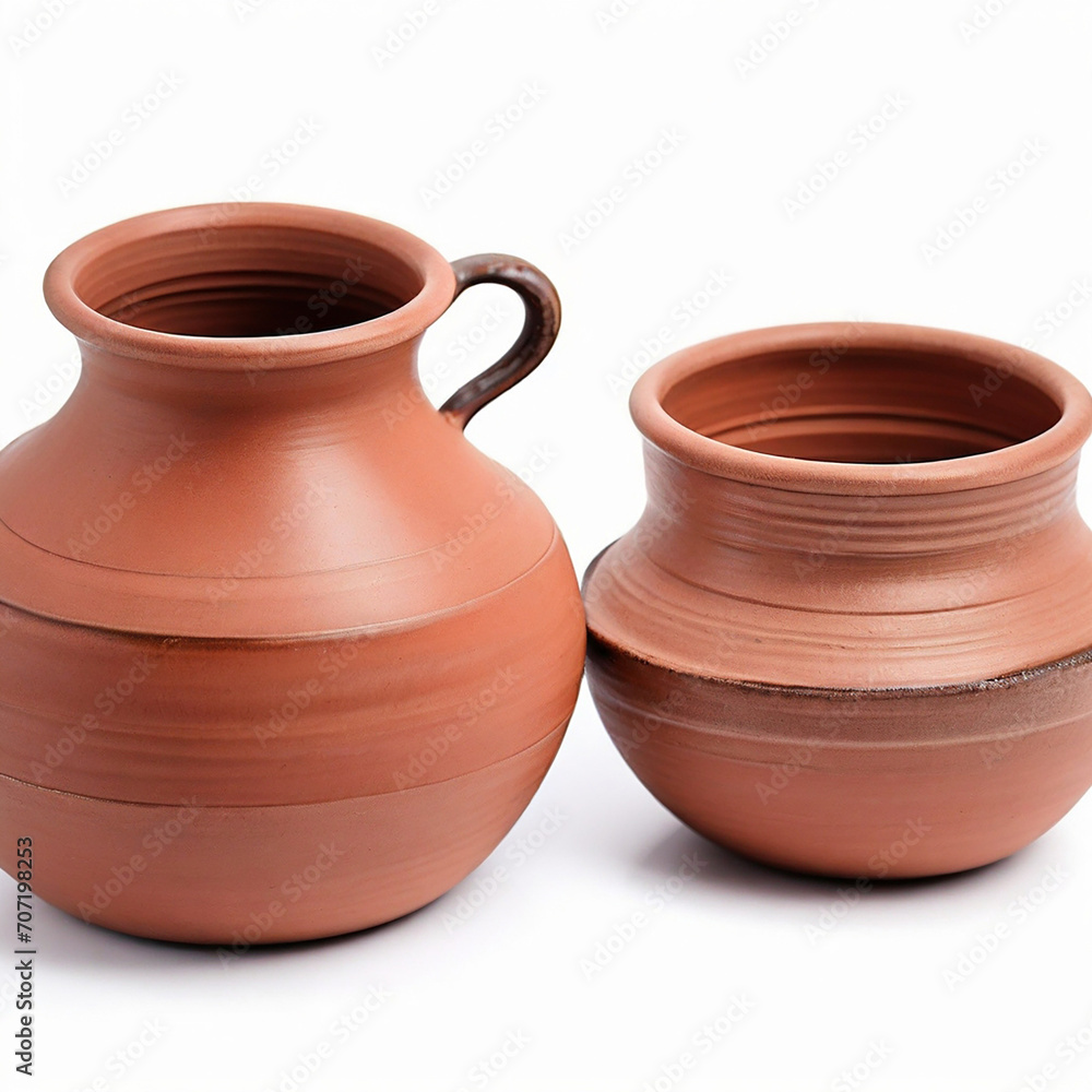 Clay pottery over white background