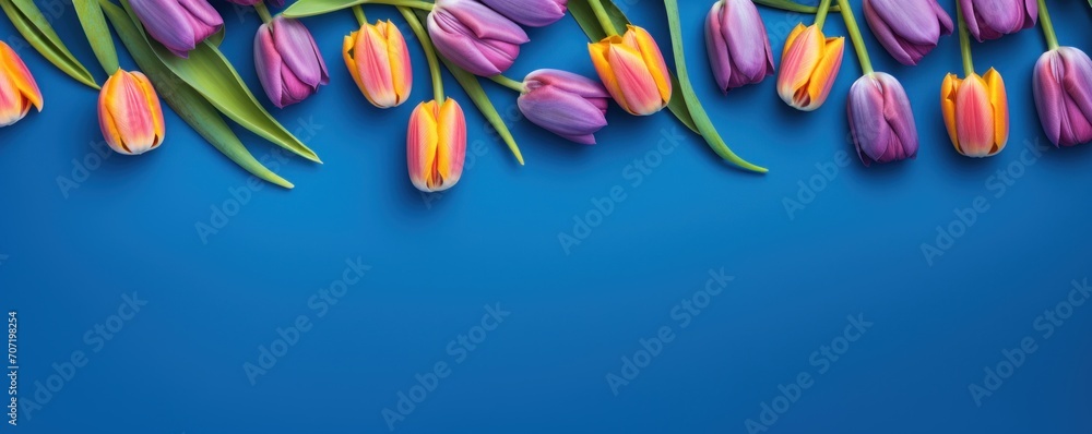 Spring tulip flowers on cobalt blue background top view in flat lay style