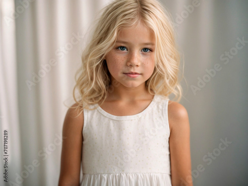 Cheerful 5-Year-Old Girl Model with Blond Hair, Sporting a White Dress, Positively Radiating Joy on a Flawless White Background