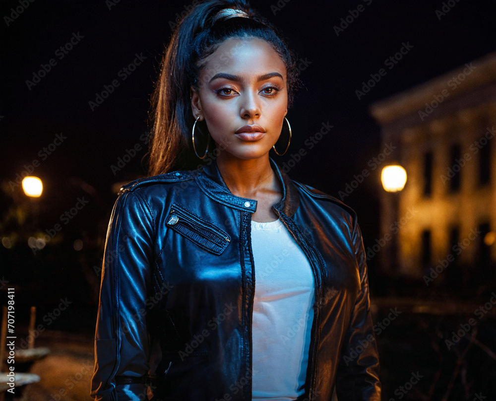 An attractive darkskinned black woman wears