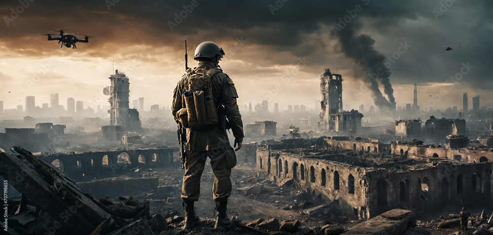 soldier and drone, Ruins of a destroyed city after the war, fictional ...
