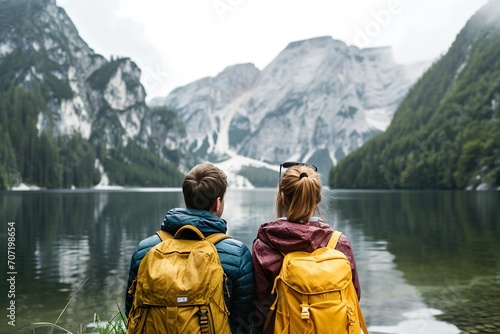 Travelers couple look at the mountain lake. Travel and active life concept with the team. Adventure and travel in the mountains region.