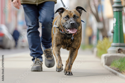 A man in jeans and sneakers walks a large purebred dog in the city, close-up