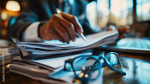 Close-up view of a person's hand holding a pen over a document