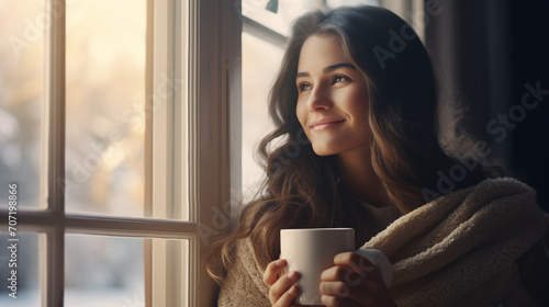 Portrait of happy asian woman in cozy sweater holding a cup of hot drink and looking trough the window, enjoying the winter morning at home, generative ai