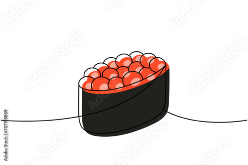 Ikura sushi, tobiko maki sushi one line colored continuous drawing. Japanese cuisine, traditional food continuous one line illustration.