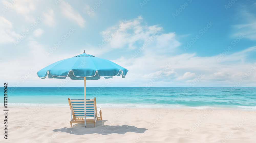 Fototapeta premium Beautiful beach, Chairs on the sandy beach near the sea, Tranquil scenery, Relaxing beach, tropical landscape design, Summer vacation travel holiday design, generative ai