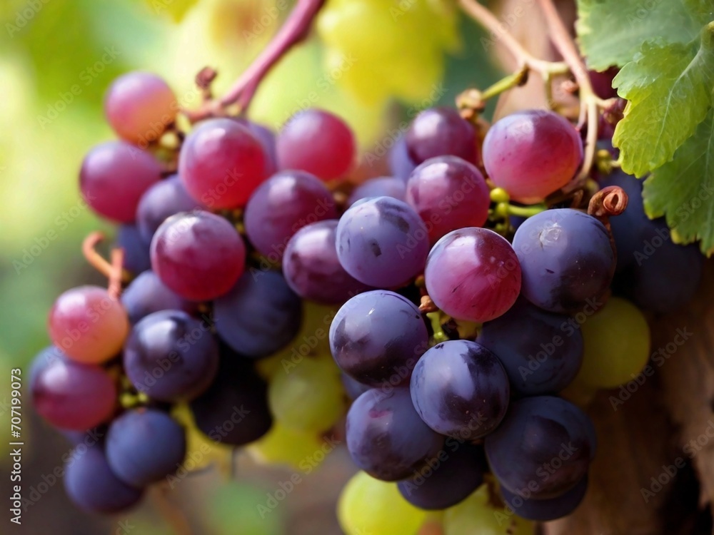 bunch of grapes, grape vine, beautiful bunches of purple grapes and green grapes. Vineyards at sunset in the autumn harvest. Ripe grapes in autumn.