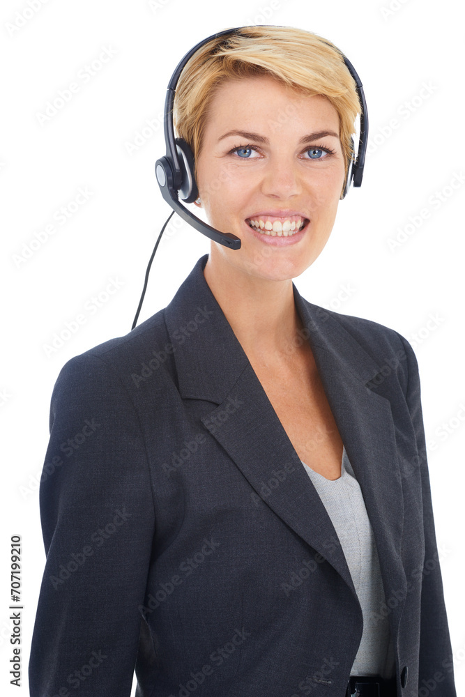 Woman, portrait and call centre headset in studio, customer service and crm by white background. Female person, consultant and telemarketing agent or representative, hotline and technical support Woman, portrait and call centre headset in studio, customer service and crm by white background. Female person, consultant and telemarketing agent or representative, hotline and technical support