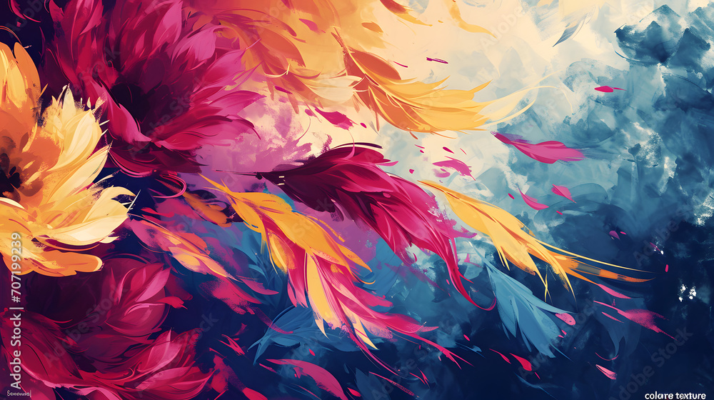 A vibrant flower blooms in a modern abstract painting, its acrylic petals fluttering among colorful bird feathers in the sky A vibrant flower blooms in a modern abstract painting, its acrylic petals fluttering among colorful bird feathers in the sky