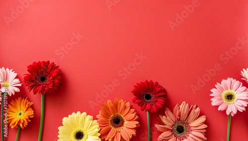 Bright spring and summer background in red with red and pink gerberas. Frame of flowers with place for text  copyspace  web banner and postcard