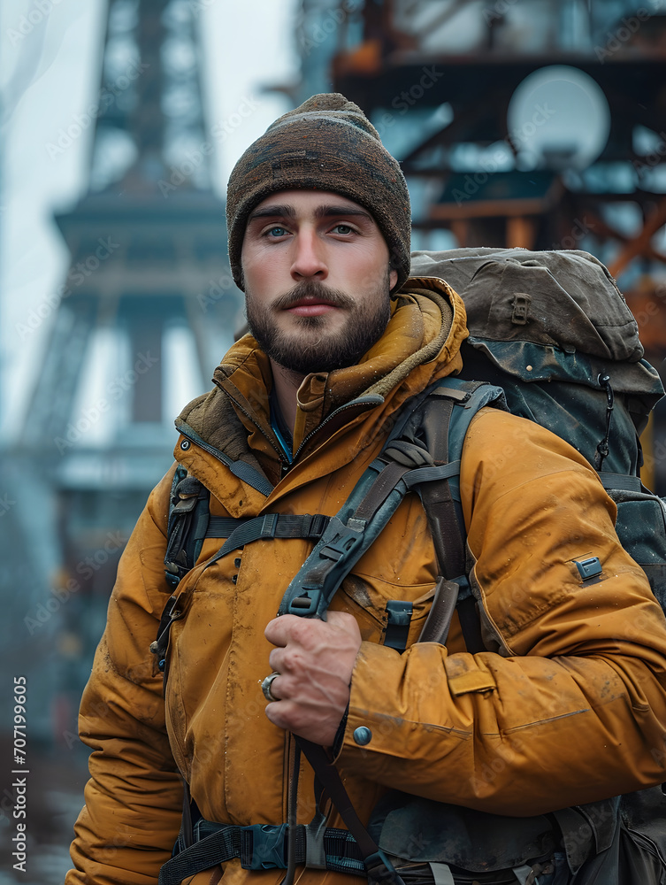 Portrait of a bearded young male traveler with a backpack in front of an industrial backdrop. Portrait of a bearded young male traveler with a backpack in front of an industrial backdrop.