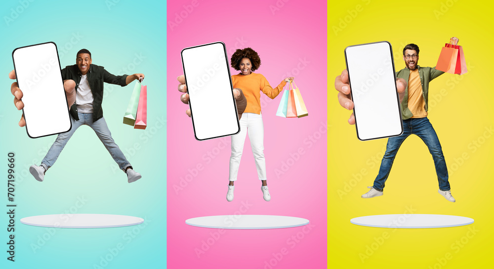 Online Sales. Happy People Jumping With Shopping Bags And Big Blank Smartphone In Hand