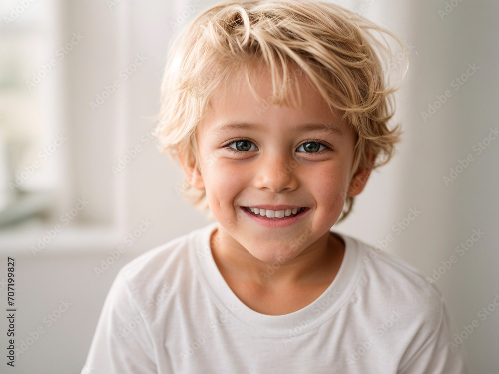 Cheerful 5-Year-Old Boy Model with Blond Hair, Sporting a White T-Shirt, Positively Radiating Joy on a Flawless White Background Cheerful 5-Year-Old Boy Model with Blond Hair, Sporting a White T-Shirt, Positively Radiating Joy on a Flawless White Background