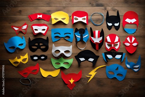 A set of DIY superhero masks made from felt and elastic, designed with unique symbols and colors for imaginative play.