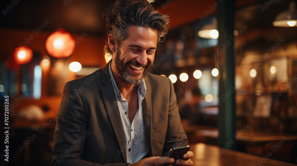Portrait of happy businessman laughing while using mobile phone in cafe at night