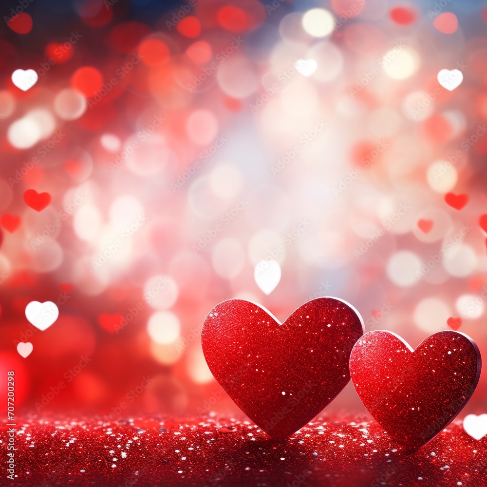 Valentine's day background with red hearts on bokeh background. AI.