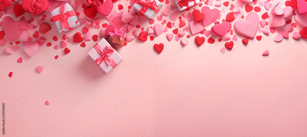 Gift box with hearts on light pink background. Greeting card template for wedding, lovers day, mother's day or women's day. Spring composition with copy space. Flat style. High quality photo Gift box with hearts on light pink background. Greeting card template for wedding, lovers day, mother's day or women's day. Spring composition with copy space. Flat style. High quality photo