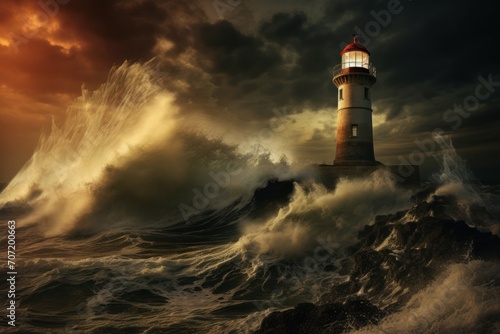 Blustery Sea storm lighthouse. Ocean wave. Generate Ai