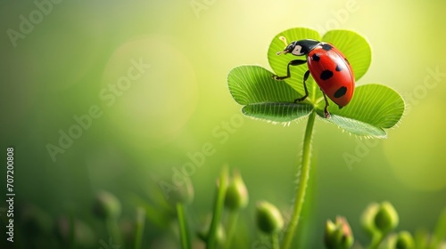 A vibrant ladybug perched on a clover leaf against a fresh green background photo