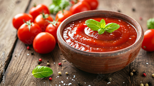 close-up of homemade ketchup with tomatoes on a wooden table photo