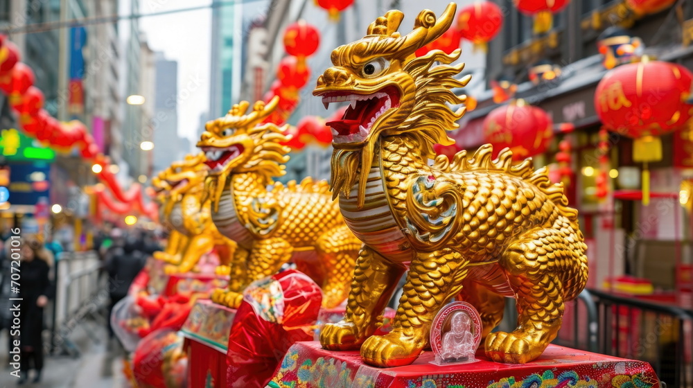 A large dragon sculpture in a parade with red lanterns and flags in a snowy city street, Chinese new year celebration A large dragon sculpture in a parade with red lanterns and flags in a snowy city street, Chinese new year celebration