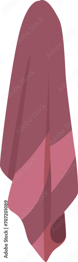 Isometric purple towel hanging on a rack. Clean bathroom linen closeup view. Home essentials and tidiness vector illustration. Isometric purple towel hanging on a rack. Clean bathroom linen closeup view. Home essentials and tidiness vector illustration.