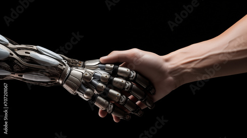 Handshake between a human and a robot as a sign of collaboration between AI and human technology © Dreamer