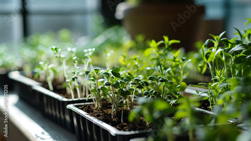 white trays with seedlings on the table.
