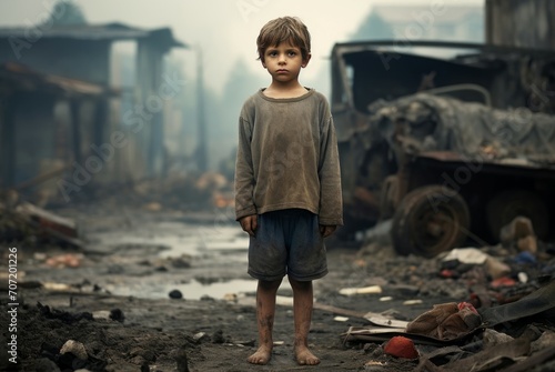 Curious Little boy standing in poor neighborhood. Sad child living in poverty on messy district. Generate ai photo
