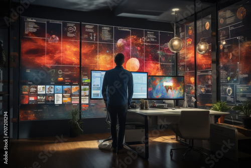 Futuristic Workspace with Multiple Screens Displaying Data Visualizations