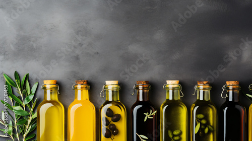 Olive oil in a bottle on a texture background photo