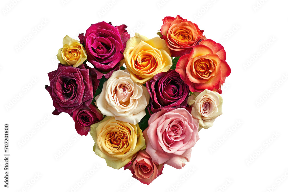 A composition of bright colorful roses in the shape of a heart, cut out - stock png. A composition of bright colorful roses in the shape of a heart, cut out - stock png.